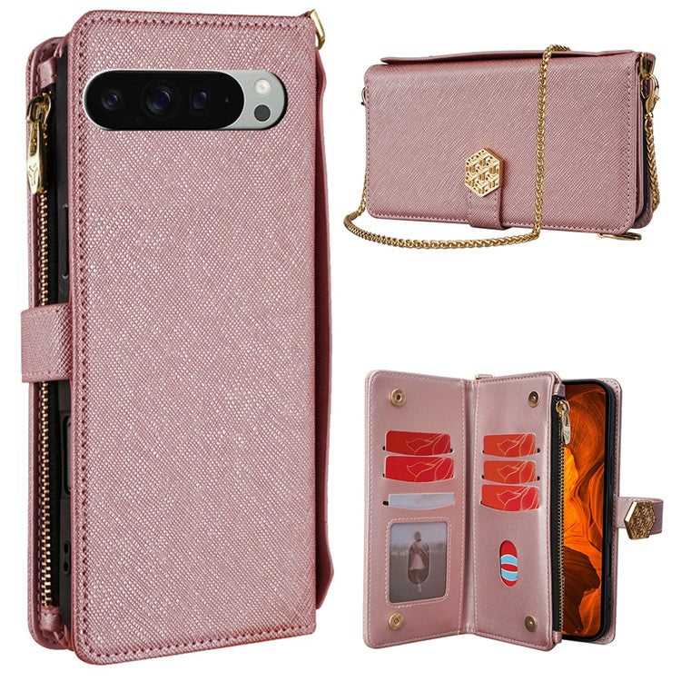 For Google Pixel 9 Pro XL Case Cross Texture PU Leather+TPU Wallet Phone Cover with Strap - Rose Gold
