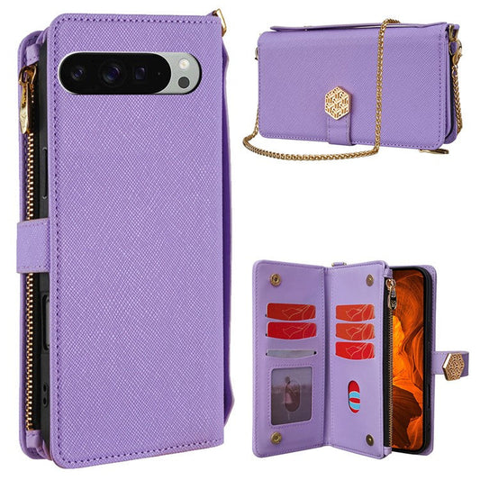 For Google Pixel 9 Pro XL Case Cross Texture PU Leather+TPU Wallet Phone Cover with Strap - Purple