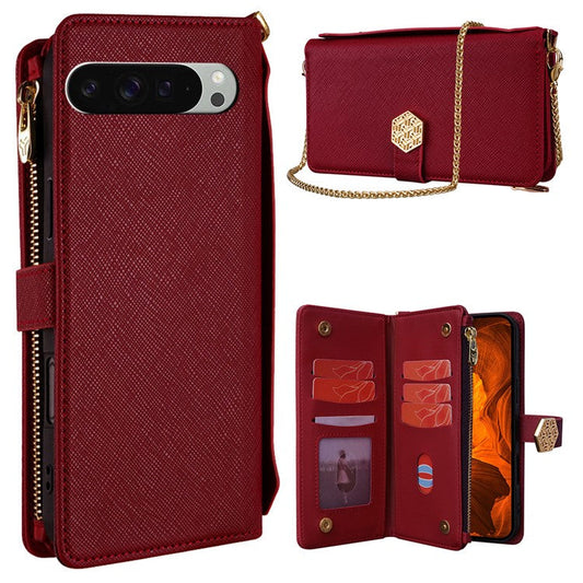 For Google Pixel 9 Pro XL Case Cross Texture PU Leather+TPU Wallet Phone Cover with Strap - Red
