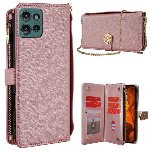 For Motorola Edge 50 Neo 5G / Moto S50 5G / Thinkphone 25 5G Case Cross Texture PU Leather+TPU Wallet Phone Cover with Strap - Rose Gold