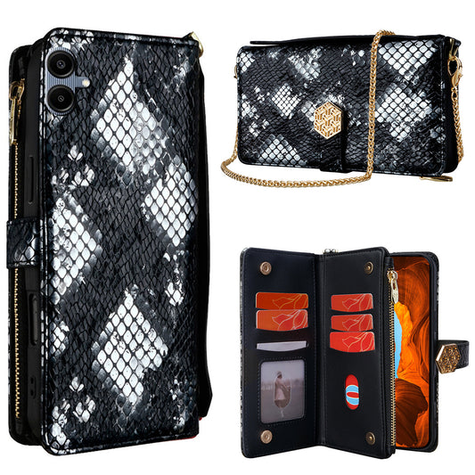 For Samsung Galaxy A06 Phone Bag Snake Skin Texture PU Leather Phone Wallet Cover with Shoulder Strap - Black