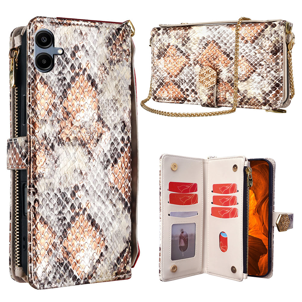 For Samsung Galaxy A06 Phone Bag Snake Skin Texture PU Leather Phone Wallet Cover with Shoulder Strap - White