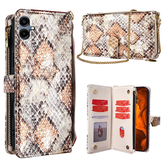 For Samsung Galaxy A06 Phone Bag Snake Skin Texture PU Leather Phone Wallet Cover with Shoulder Strap - White