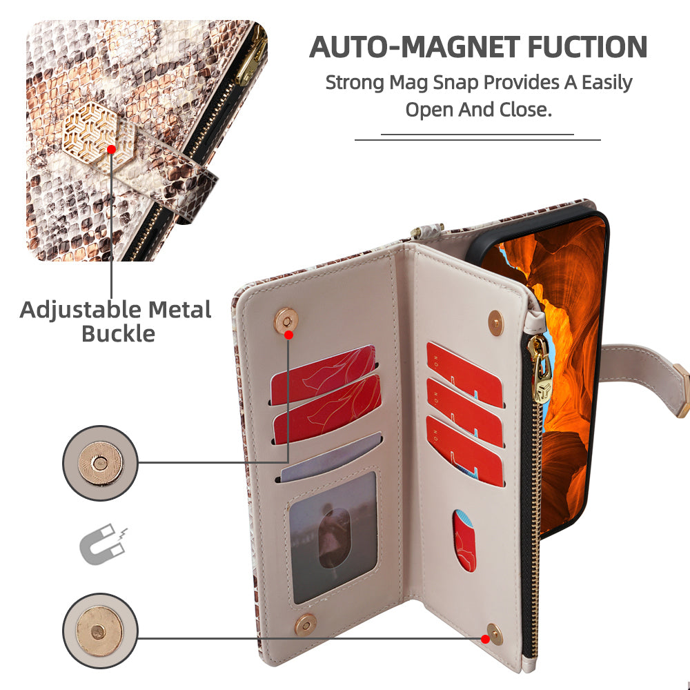 For Samsung Galaxy A06 Phone Bag Snake Skin Texture PU Leather Phone Wallet Cover with Shoulder Strap - White