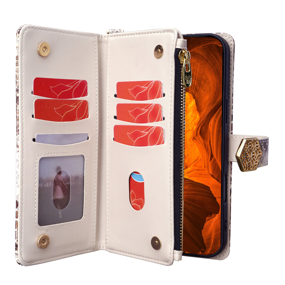 For Samsung Galaxy A06 Phone Bag Snake Skin Texture PU Leather Phone Wallet Cover with Shoulder Strap - White