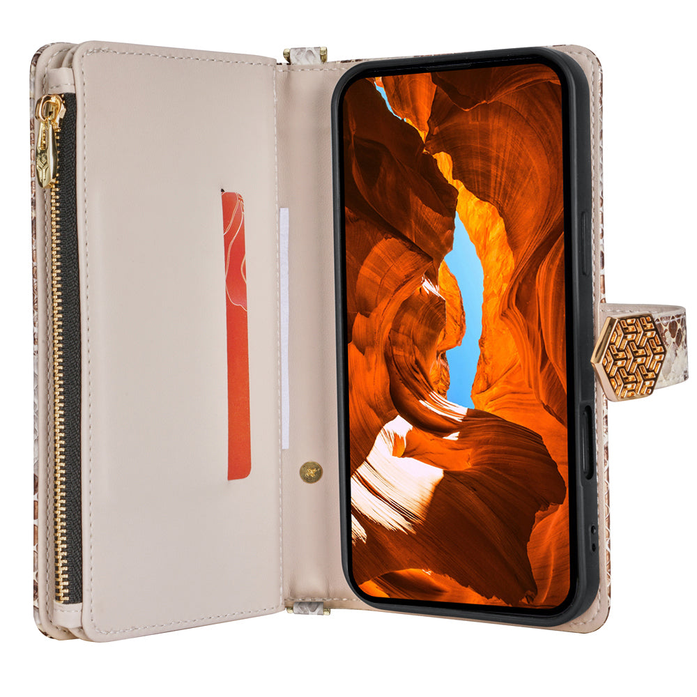 For Samsung Galaxy A06 Phone Bag Snake Skin Texture PU Leather Phone Wallet Cover with Shoulder Strap - White