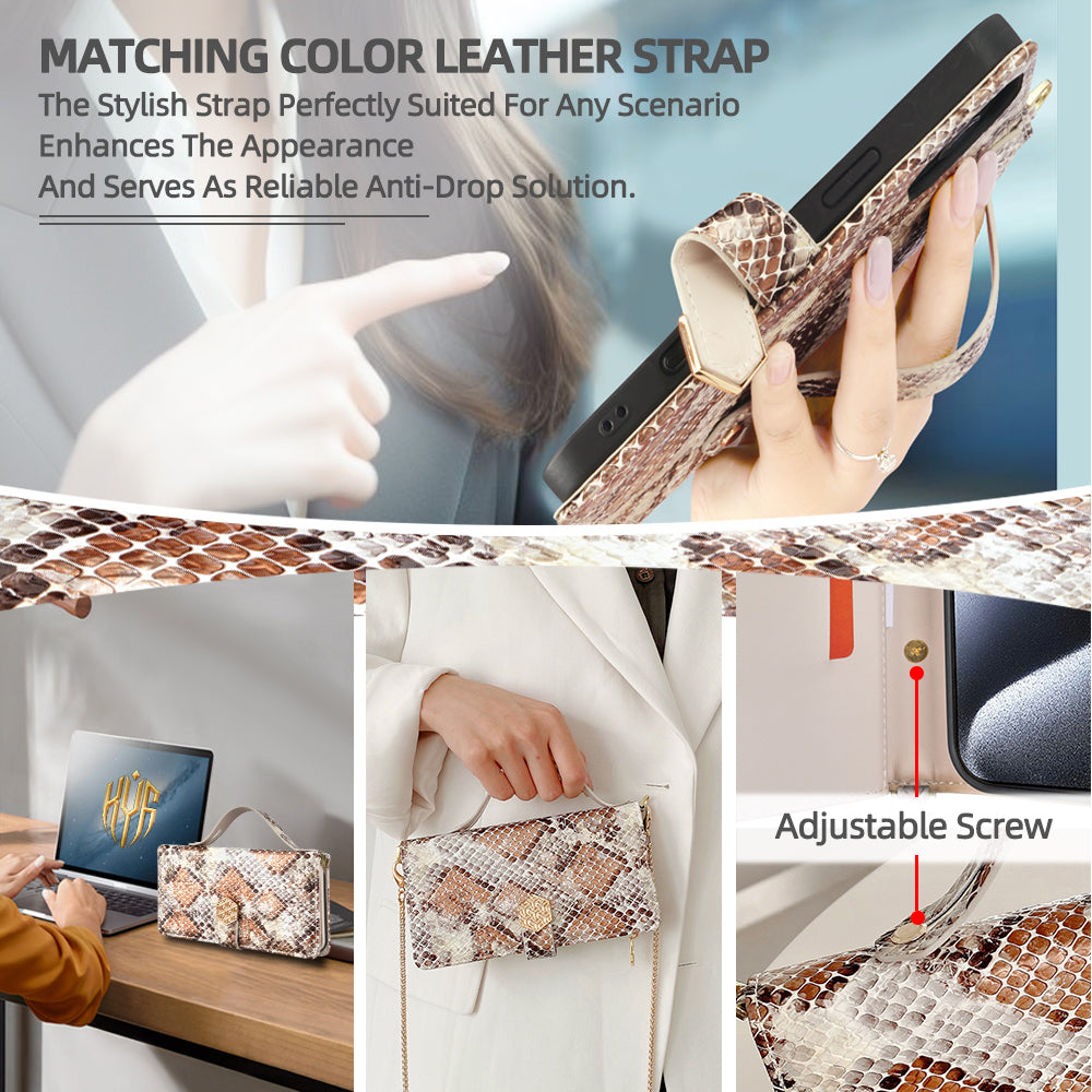 For Samsung Galaxy A06 Phone Bag Snake Skin Texture PU Leather Phone Wallet Cover with Shoulder Strap - White