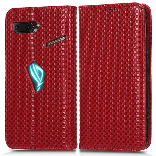 Grid Texture Phone Case for Asus ROG Phone II ZS660KL, PU Leather Magnetic Auto-absorbed Wallet Stand Full Protection Cover - Wine Red