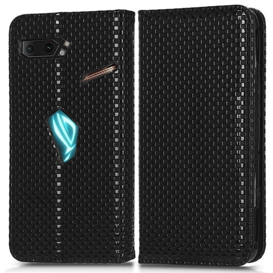 Grid Texture Phone Case for Asus ROG Phone II ZS660KL, PU Leather Magnetic Auto-absorbed Wallet Stand Full Protection Cover - Black