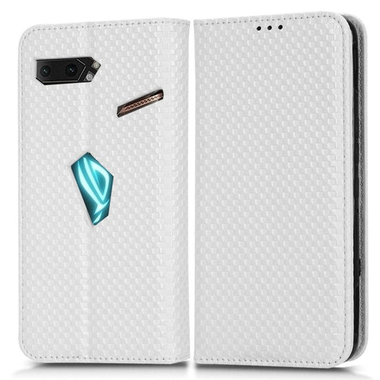 Grid Texture Phone Case for Asus ROG Phone II ZS660KL, PU Leather Magnetic Auto-absorbed Wallet Stand Full Protection Cover - White