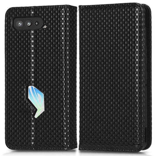 PU Leather Phone Wallet Case For Asus ROG Phone 5, Grid Texture Magnetic Auto-absorbed Phone Cover Full Protection Phone Shell - Black