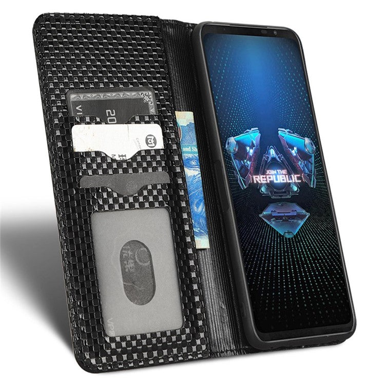 PU Leather Phone Wallet Case For Asus ROG Phone 5, Grid Texture Magnetic Auto-absorbed Phone Cover Full Protection Phone Shell - Black