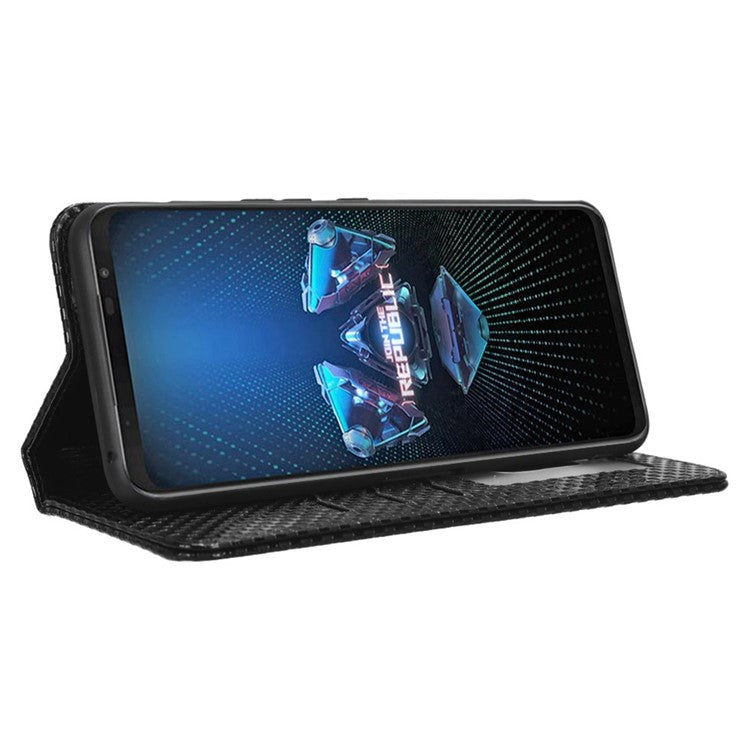 PU Leather Phone Wallet Case For Asus ROG Phone 5, Grid Texture Magnetic Auto-absorbed Phone Cover Full Protection Phone Shell - Black