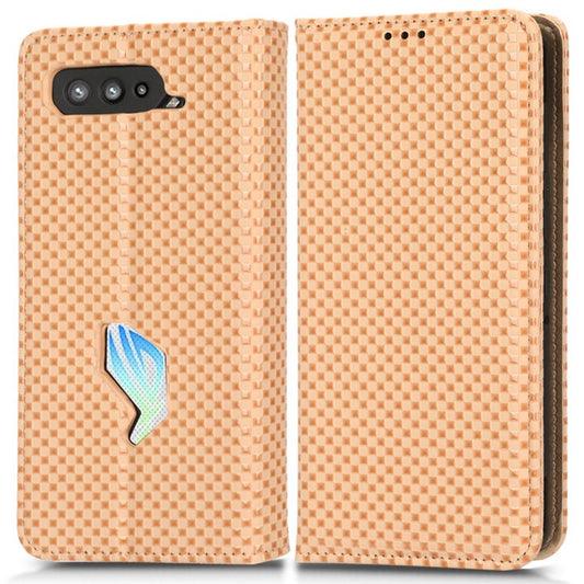 PU Leather Phone Wallet Case For Asus ROG Phone 5, Grid Texture Magnetic Auto-absorbed Phone Cover Full Protection Phone Shell - Beige