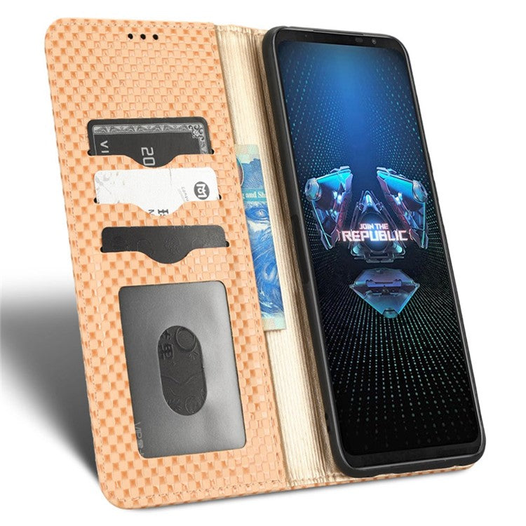 PU Leather Phone Wallet Case For Asus ROG Phone 5, Grid Texture Magnetic Auto-absorbed Phone Cover Full Protection Phone Shell - Beige