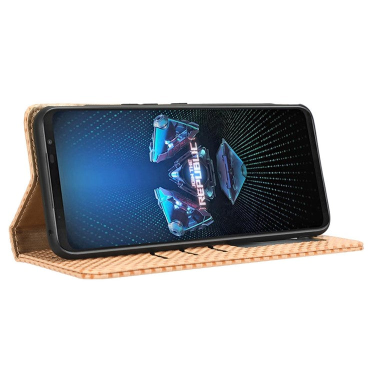 PU Leather Phone Wallet Case For Asus ROG Phone 5, Grid Texture Magnetic Auto-absorbed Phone Cover Full Protection Phone Shell - Beige