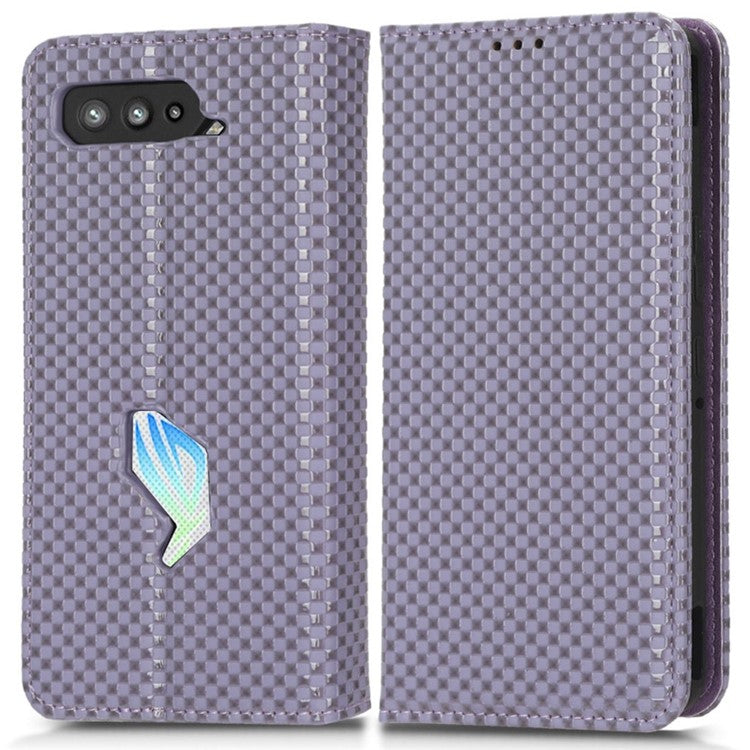 PU Leather Phone Wallet Case For Asus ROG Phone 5, Grid Texture Magnetic Auto-absorbed Phone Cover Full Protection Phone Shell - Light Purple