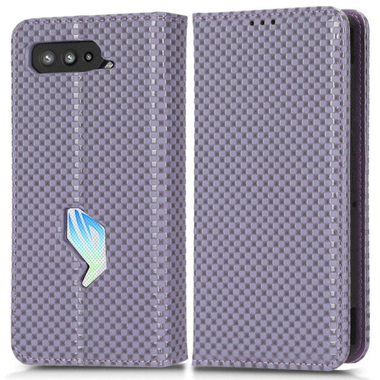 PU Leather Phone Wallet Case For Asus ROG Phone 5, Grid Texture Magnetic Auto-absorbed Phone Cover Full Protection Phone Shell - Light Purple