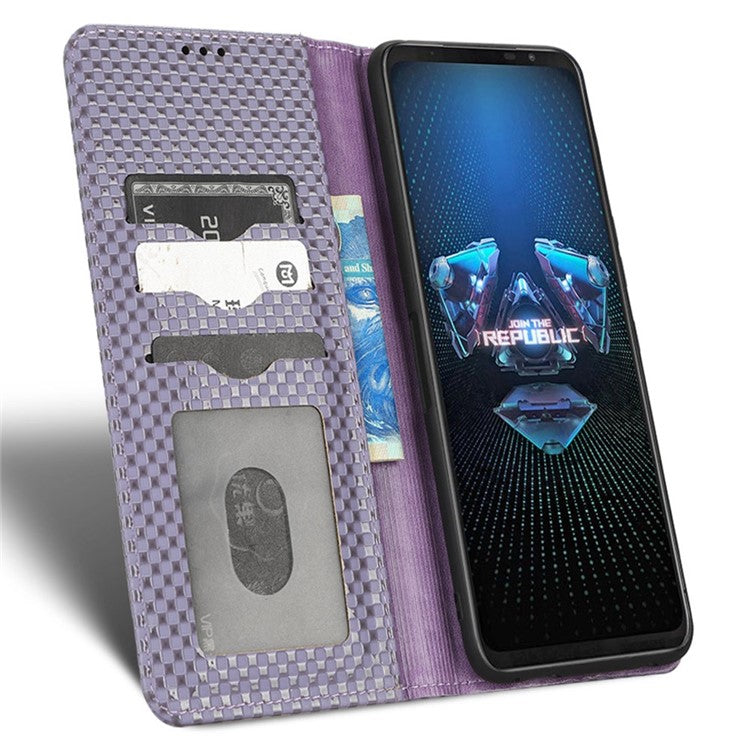 PU Leather Phone Wallet Case For Asus ROG Phone 5, Grid Texture Magnetic Auto-absorbed Phone Cover Full Protection Phone Shell - Light Purple