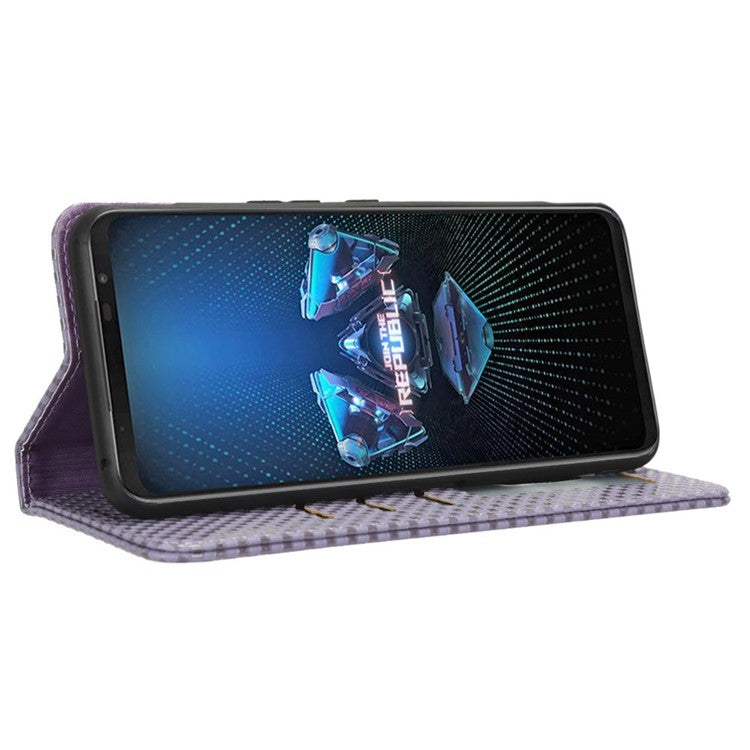 PU Leather Phone Wallet Case For Asus ROG Phone 5, Grid Texture Magnetic Auto-absorbed Phone Cover Full Protection Phone Shell - Light Purple