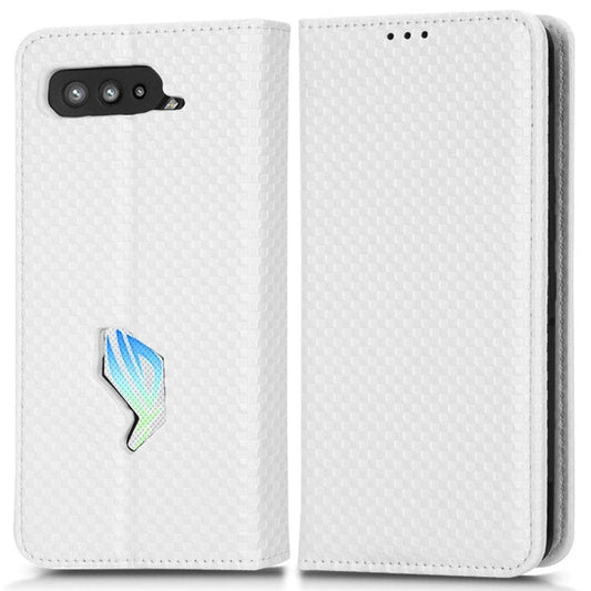 PU Leather Phone Wallet Case For Asus ROG Phone 5, Grid Texture Magnetic Auto-absorbed Phone Cover Full Protection Phone Shell - White