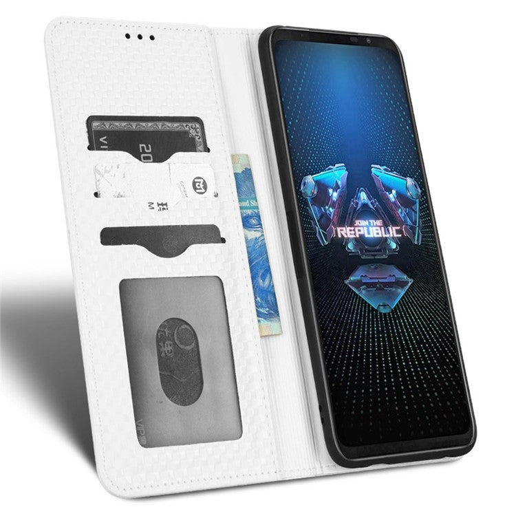 PU Leather Phone Wallet Case For Asus ROG Phone 5, Grid Texture Magnetic Auto-absorbed Phone Cover Full Protection Phone Shell - White