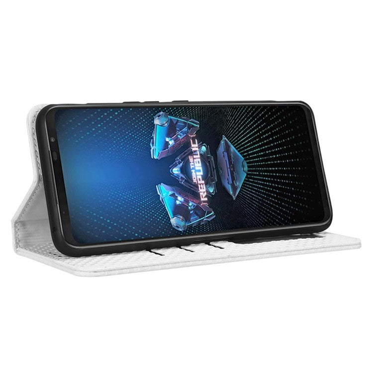 PU Leather Phone Wallet Case For Asus ROG Phone 5, Grid Texture Magnetic Auto-absorbed Phone Cover Full Protection Phone Shell - White