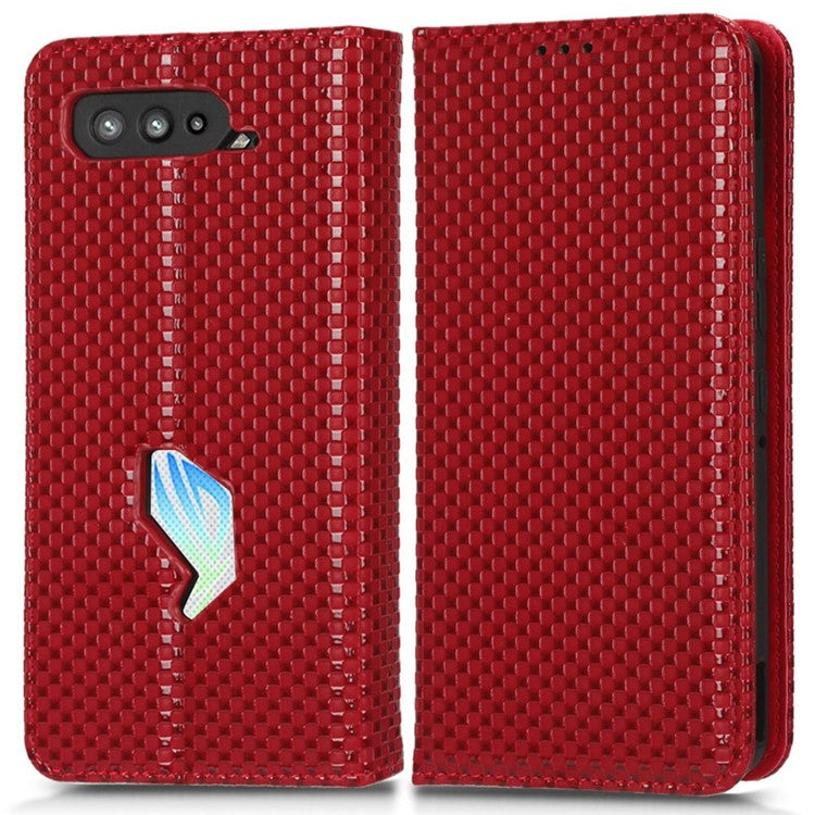 PU Leather Phone Wallet Case For Asus ROG Phone 5, Grid Texture Magnetic Auto-absorbed Phone Cover Full Protection Phone Shell - Wine Red