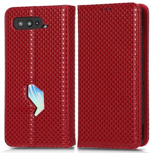 PU Leather Phone Wallet Case For Asus ROG Phone 5, Grid Texture Magnetic Auto-absorbed Phone Cover Full Protection Phone Shell - Wine Red