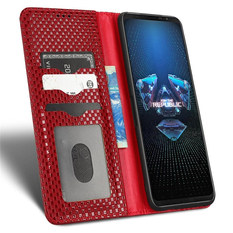 PU Leather Phone Wallet Case For Asus ROG Phone 5, Grid Texture Magnetic Auto-absorbed Phone Cover Full Protection Phone Shell - Wine Red