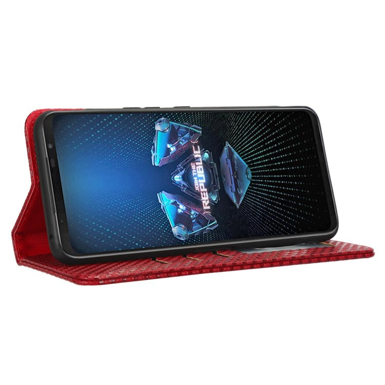 PU Leather Phone Wallet Case For Asus ROG Phone 5, Grid Texture Magnetic Auto-absorbed Phone Cover Full Protection Phone Shell - Wine Red