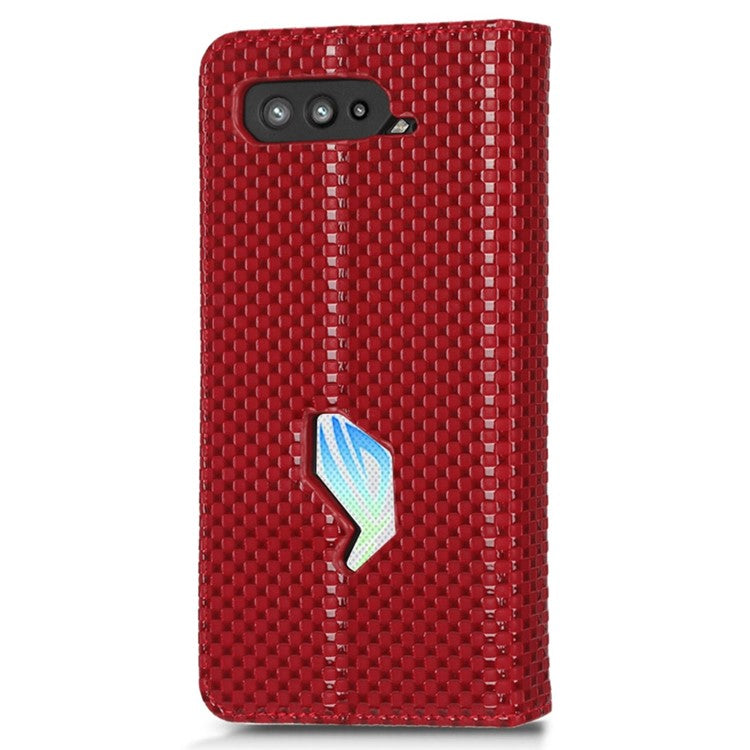 PU Leather Phone Wallet Case For Asus ROG Phone 5, Grid Texture Magnetic Auto-absorbed Phone Cover Full Protection Phone Shell - Wine Red