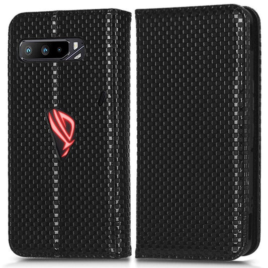 For Asus ROG Phone 3 Strix / ROG Phone 3 ZS661KS Grid Texture PU Leather Magnetic Auto-absorbed Phone Case with Wallet Stand - Black