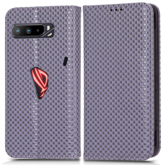 For Asus ROG Phone 3 Strix / ROG Phone 3 ZS661KS Grid Texture PU Leather Magnetic Auto-absorbed Phone Case with Wallet Stand - Light Purple