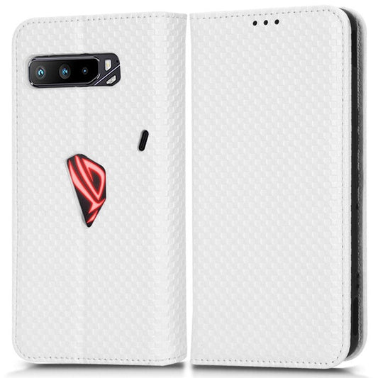 For Asus ROG Phone 3 Strix / ROG Phone 3 ZS661KS Grid Texture PU Leather Magnetic Auto-absorbed Phone Case with Wallet Stand - White