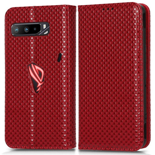 For Asus ROG Phone 3 Strix / ROG Phone 3 ZS661KS Grid Texture PU Leather Magnetic Auto-absorbed Phone Case with Wallet Stand - Wine Red
