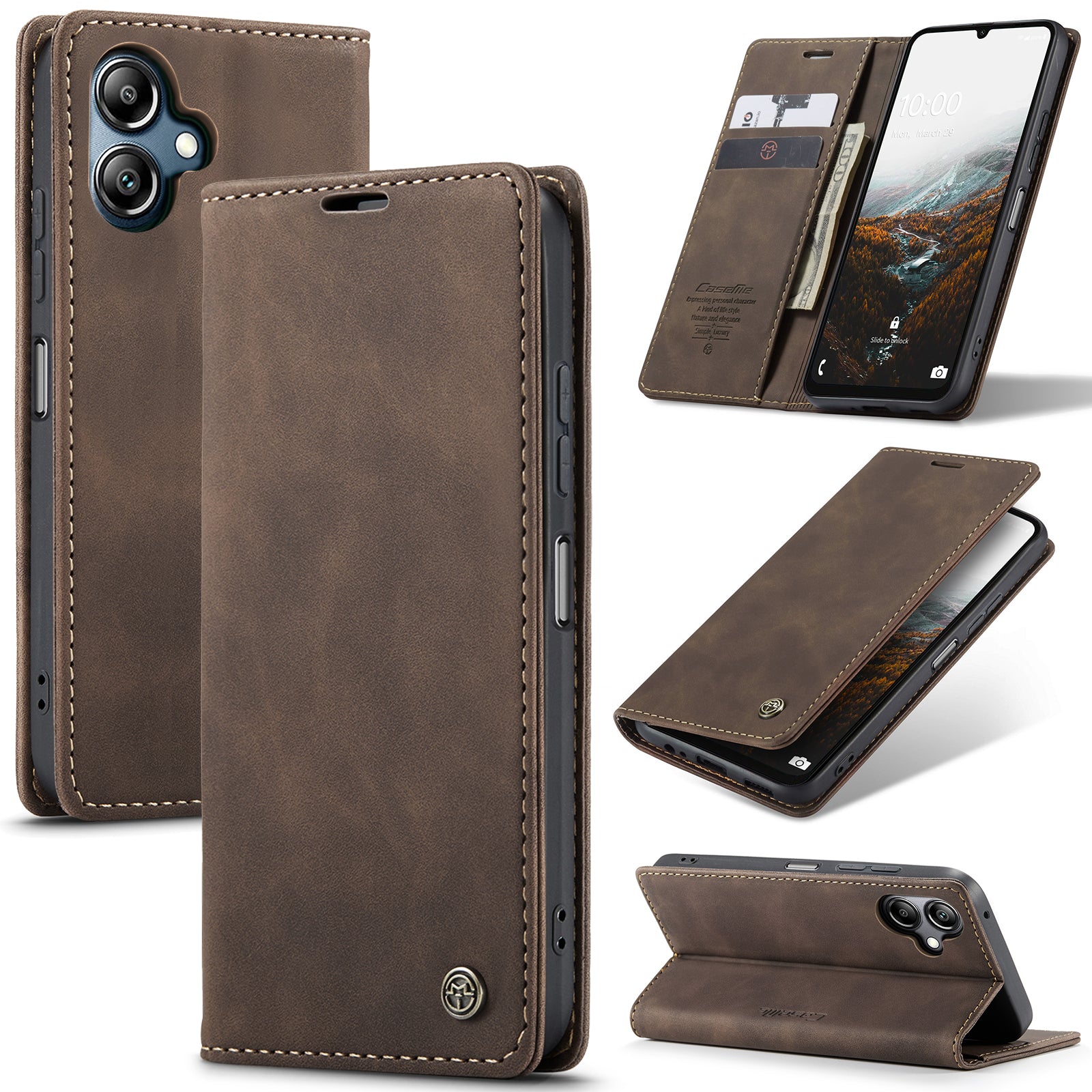 For Samsung Galaxy A06 Case CASEME 013 Series Card Holder Stand Leather Phone Cover - Coffee