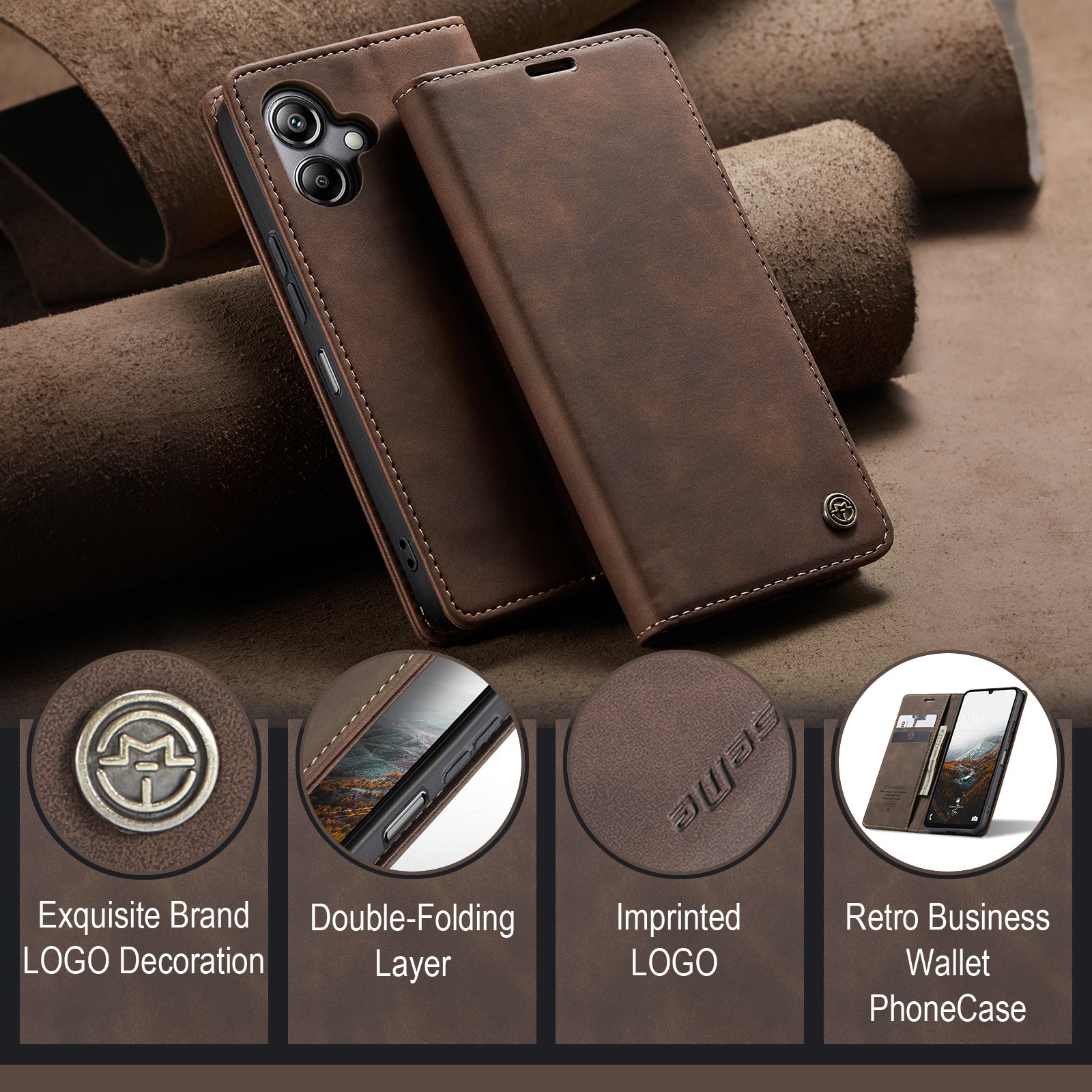 For Samsung Galaxy A06 Case CASEME 013 Series Card Holder Stand Leather Phone Cover - Coffee
