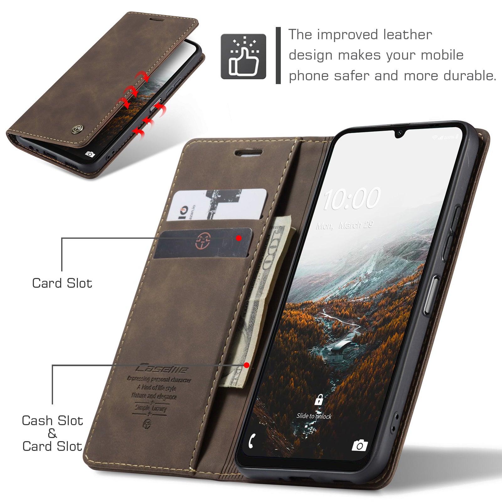 For Samsung Galaxy A06 Case CASEME 013 Series Card Holder Stand Leather Phone Cover - Coffee