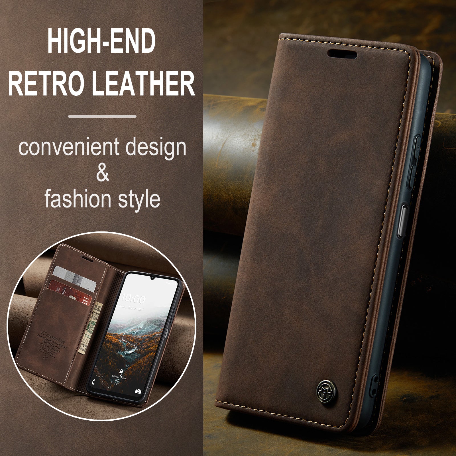 For Samsung Galaxy A06 Case CASEME 013 Series Card Holder Stand Leather Phone Cover - Coffee