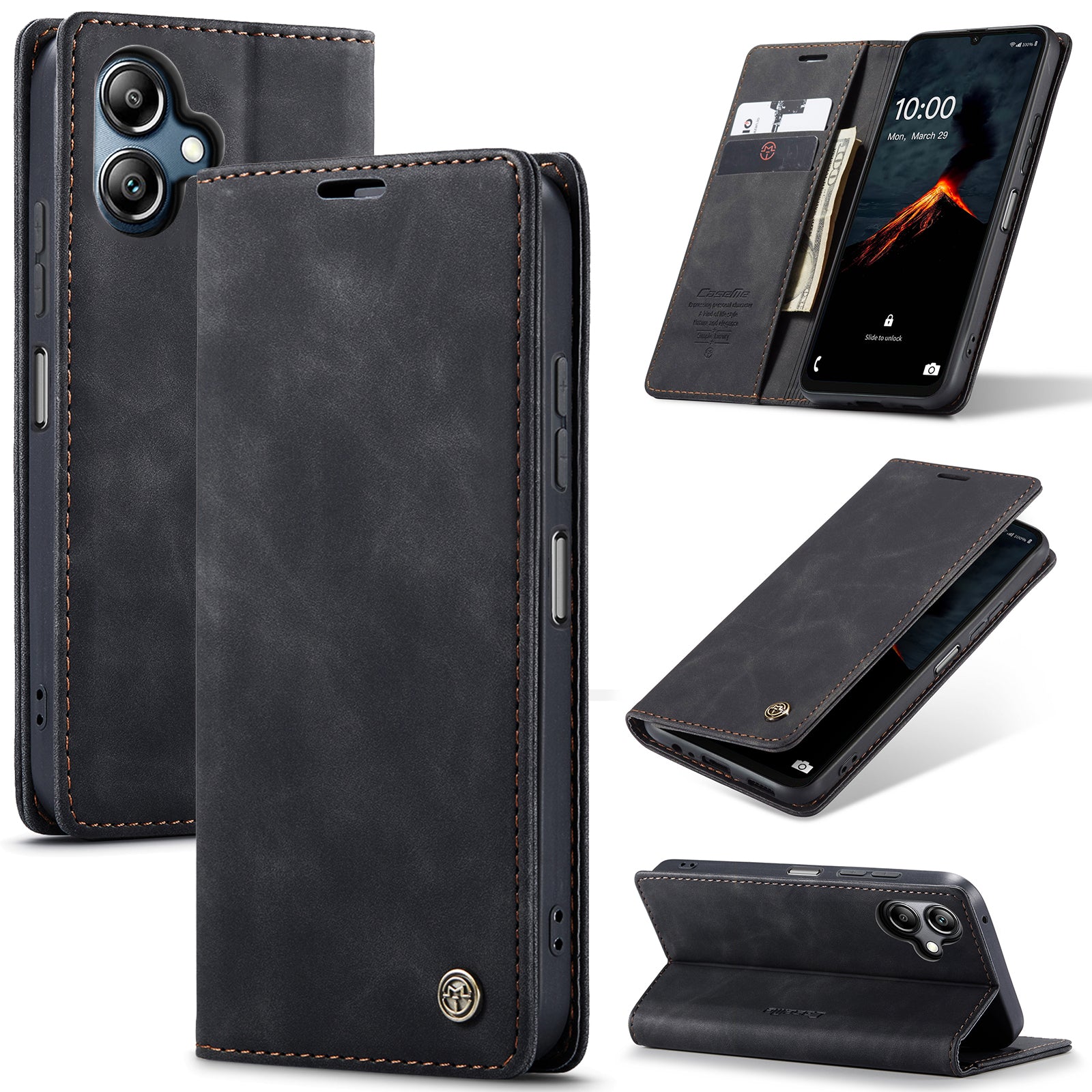 For Samsung Galaxy A06 Case CASEME 013 Series Card Holder Stand Leather Phone Cover - Black