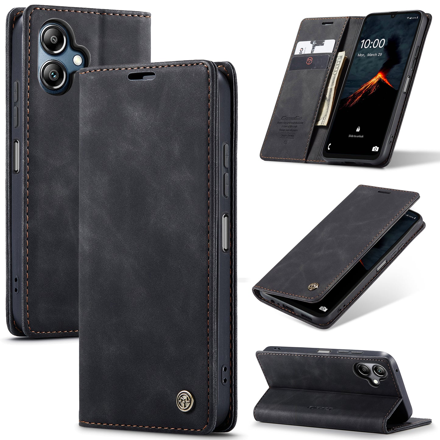 For Samsung Galaxy A06 Case CASEME 013 Series Card Holder Stand Leather Phone Cover - Black
