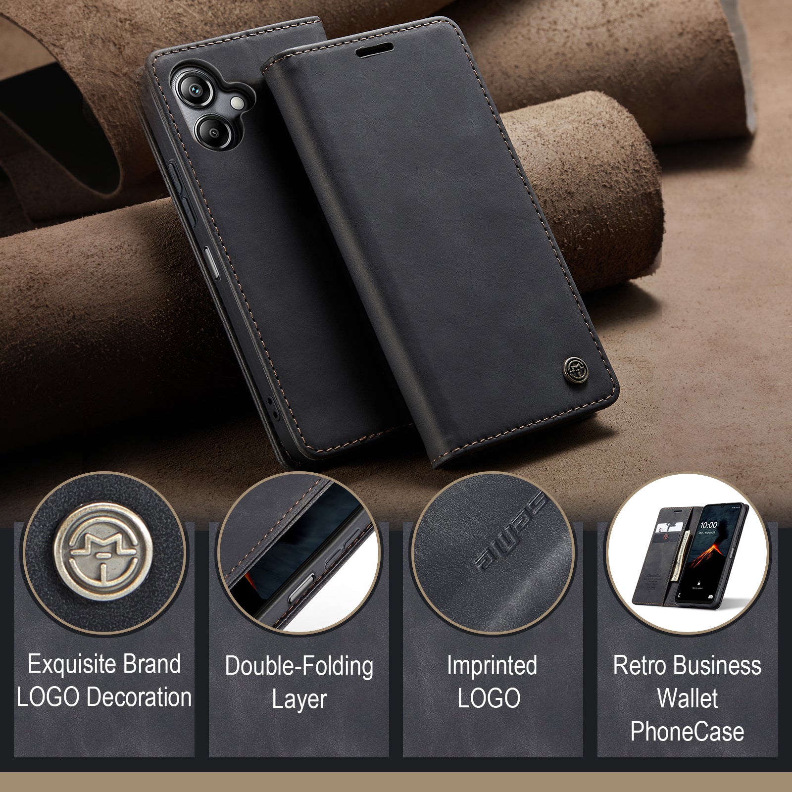 For Samsung Galaxy A06 Case CASEME 013 Series Card Holder Stand Leather Phone Cover - Black