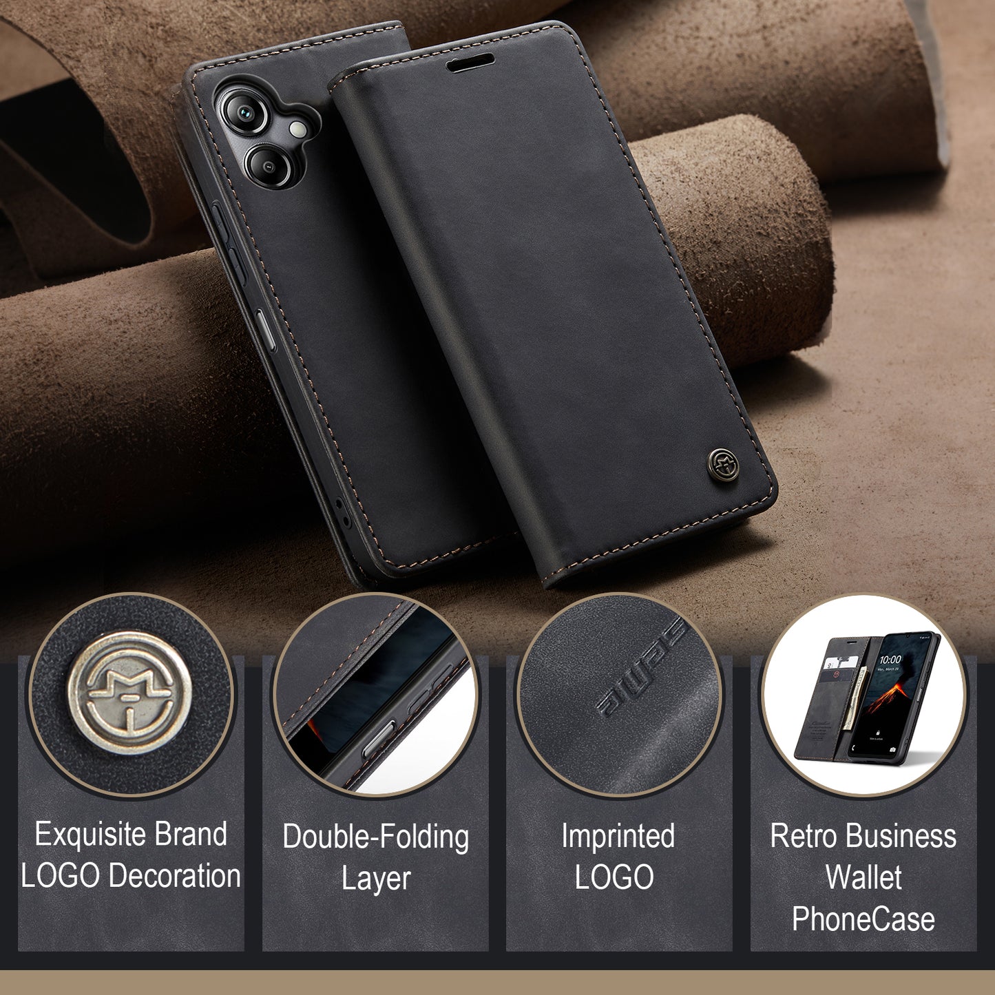 For Samsung Galaxy A06 Case CASEME 013 Series Card Holder Stand Leather Phone Cover - Black