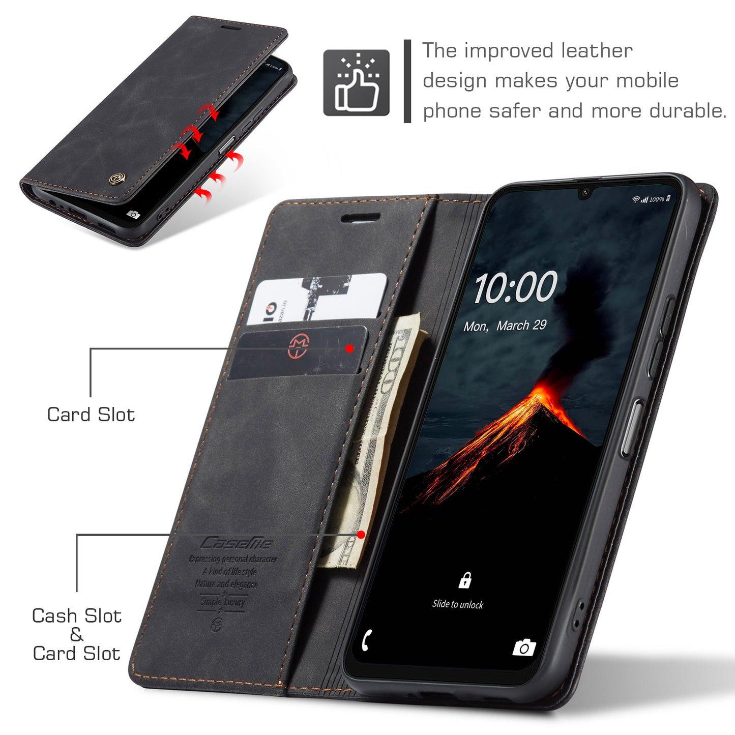 For Samsung Galaxy A06 Case CASEME 013 Series Card Holder Stand Leather Phone Cover - Black