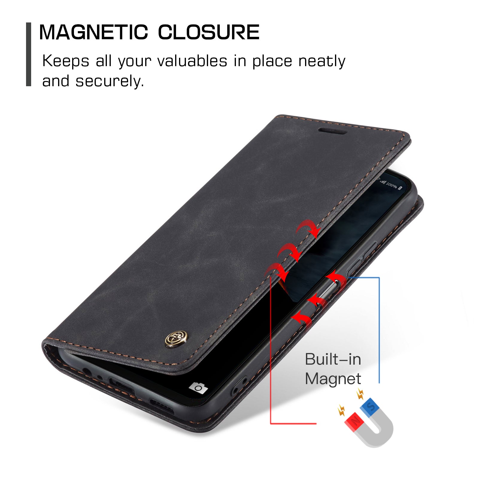 For Samsung Galaxy A06 Case CASEME 013 Series Card Holder Stand Leather Phone Cover - Black