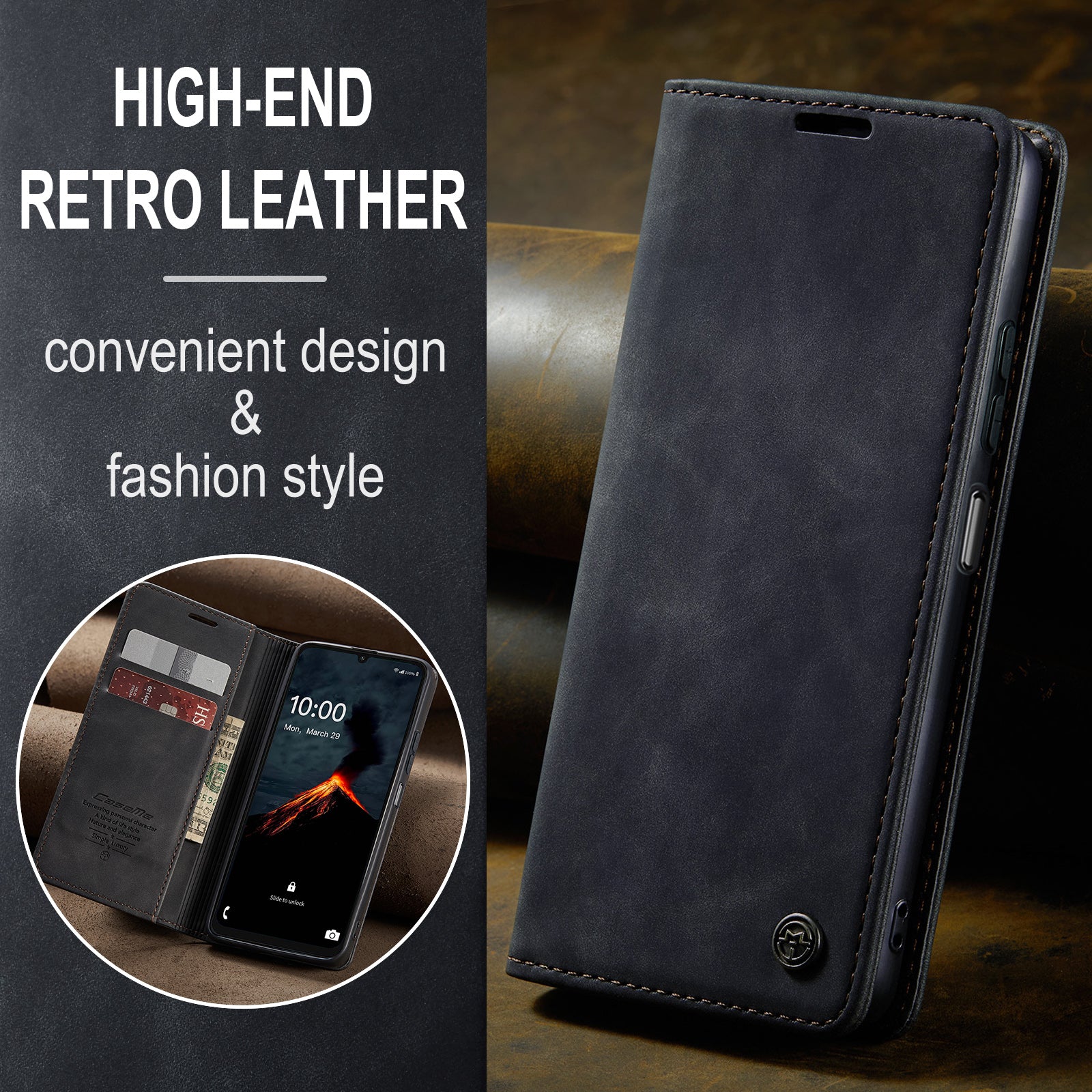For Samsung Galaxy A06 Case CASEME 013 Series Card Holder Stand Leather Phone Cover - Black
