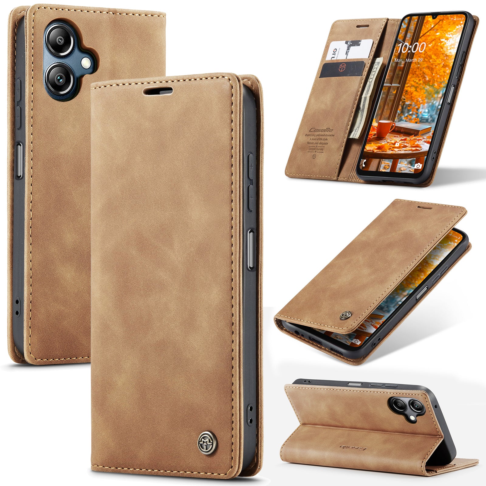 For Samsung Galaxy A06 Case CASEME 013 Series Card Holder Stand Leather Phone Cover - Brown