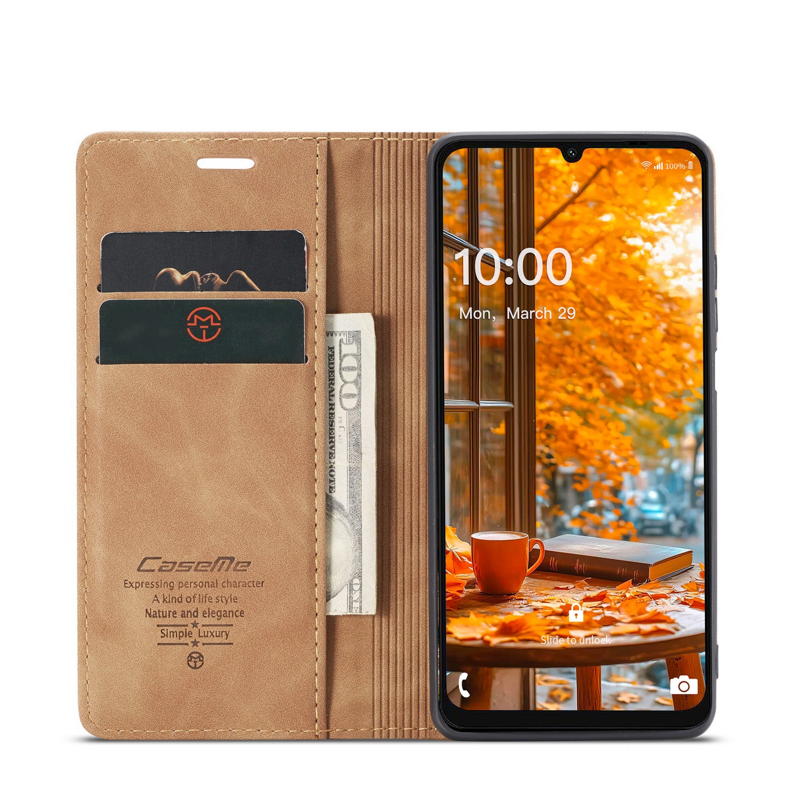 For Samsung Galaxy A06 Case CASEME 013 Series Card Holder Stand Leather Phone Cover - Brown