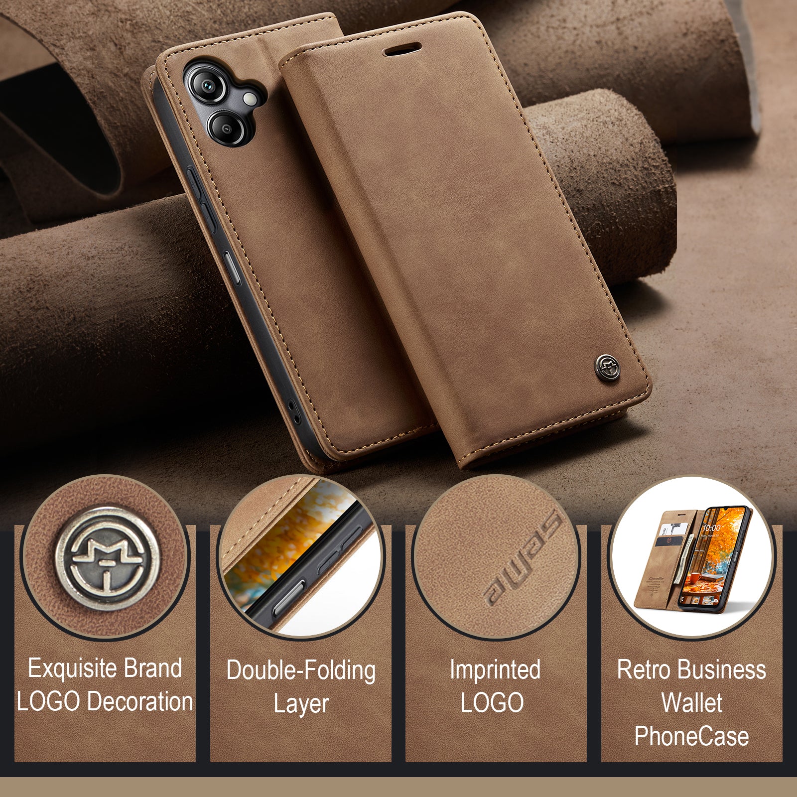 For Samsung Galaxy A06 Case CASEME 013 Series Card Holder Stand Leather Phone Cover - Brown
